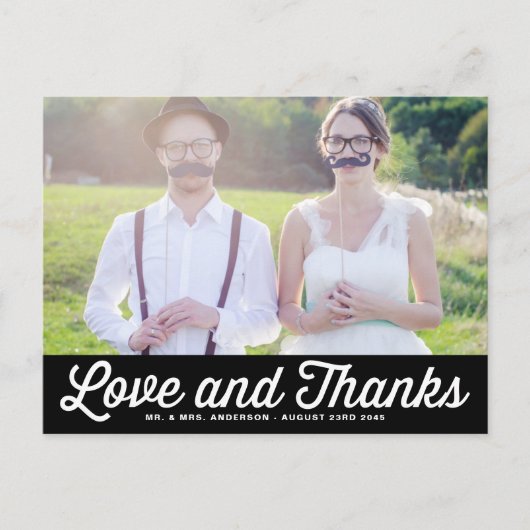 Black Retro Script Foto Hochzeit Vielen Dank Postkarte (Vorderseite)