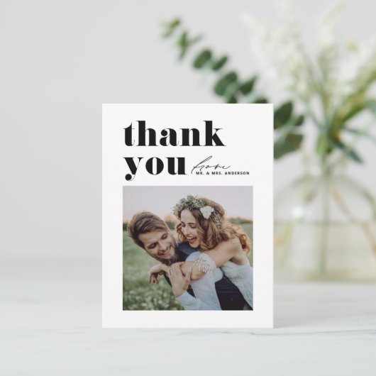Black Retro Typografy Foto Hochzeit Vielen Dank Postkarte (Stehend Vorderseite)