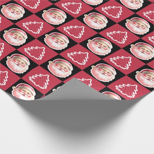Black Retro Weihnachtsbaum Kariert Geschenkpapier (Ecke)
