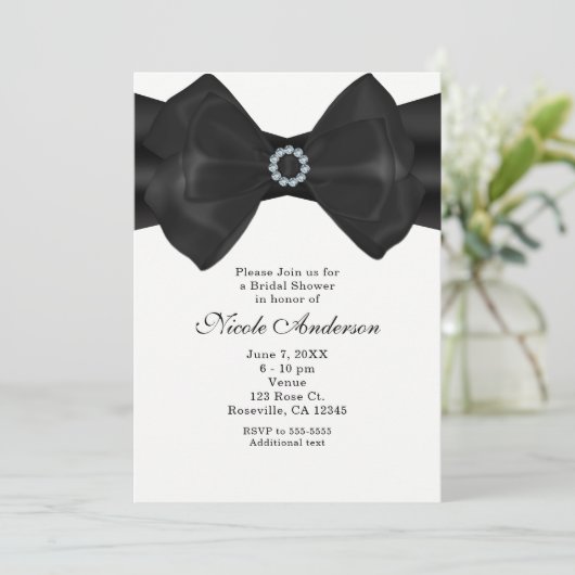 Black Ribbon Bow & Diamonds Elegante Einladungen (Stehend Vorderseite)