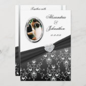Black Ribbon Herz Damask Hochzeit Foto Einladung (Vorne/Hinten)