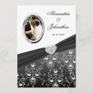 Black Ribbon Herz Damask Hochzeit Foto Einladung