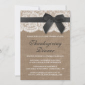 Black Ribbon on Burlap & Lace Erntedank Dinner Einladung (Vorderseite)