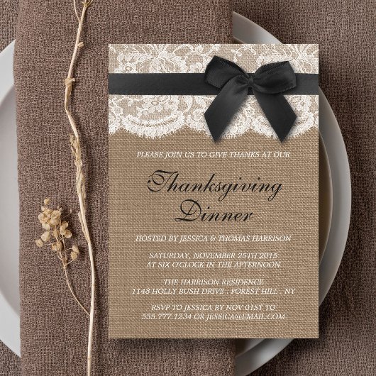 Black Ribbon on Burlap & Lace Erntedank Dinner Einladung