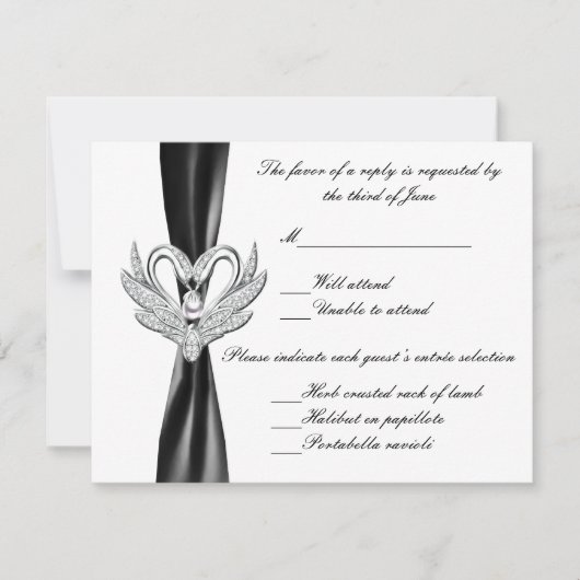 Black Ribbon Silver Swan Response Card RSVP Karte (Vorderseite)