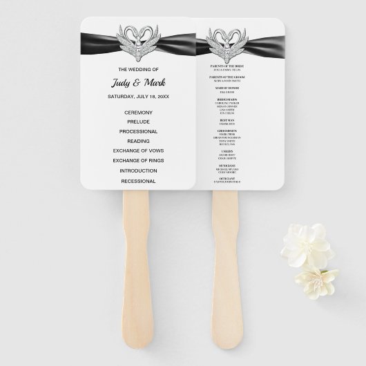 Black Ribbon Silver Swan Wedding Program Fans Fächer (Vorne und Hinten)