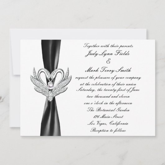 Black Ribbon Silver Swans Einladung (Vorderseite)