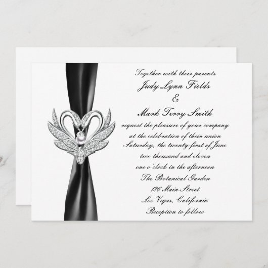 Black Ribbon Silver Swans Einladung (Vorne/Hinten)