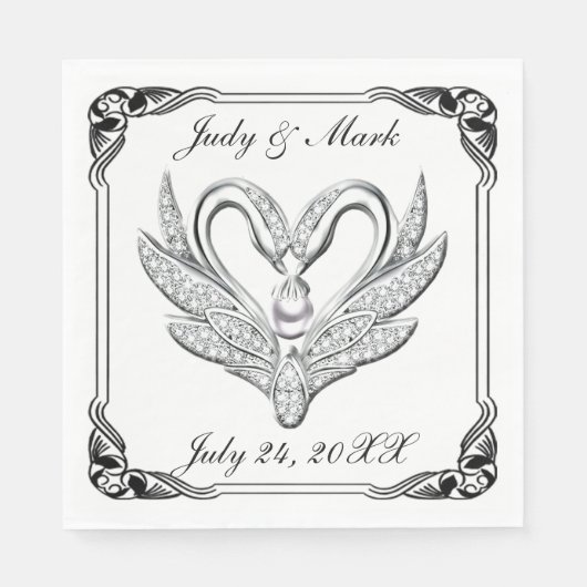 Black Ribbon Silver Swans Papier Napkins Serviette (Vorderseite)