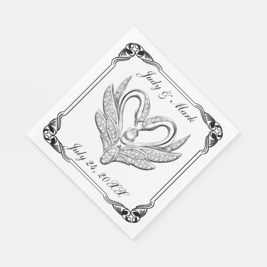 Black Ribbon Silver Swans Papier Napkins Serviette (Ecke)