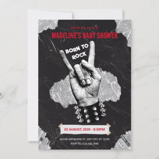 Black Rock Metal Babydusche Einladung (Vorderseite)