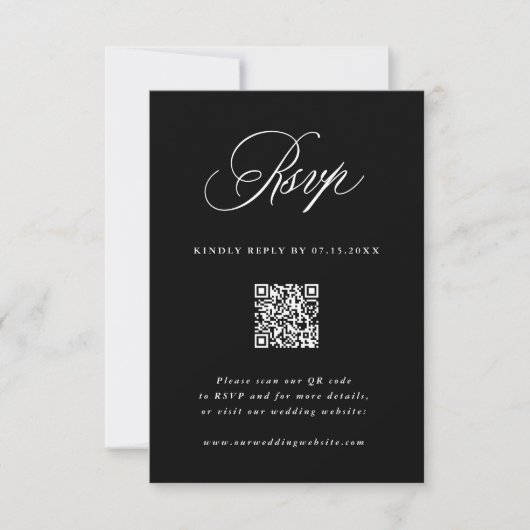 Black Romantic Calligraphy Wedding QR Code RSVP Karte (Vorderseite)