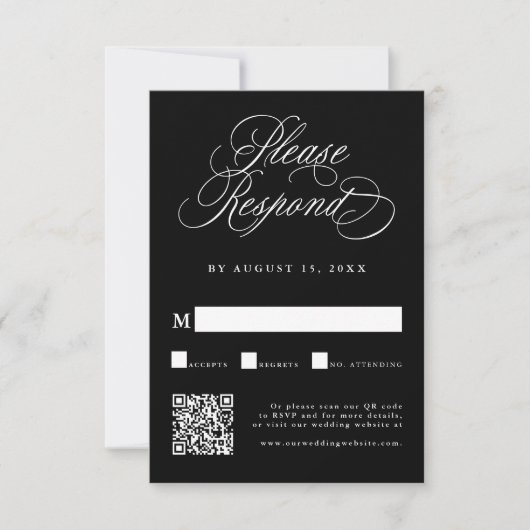 Black Romantic Calligraphy Wedding QR Code RSVP Karte (Vorderseite)