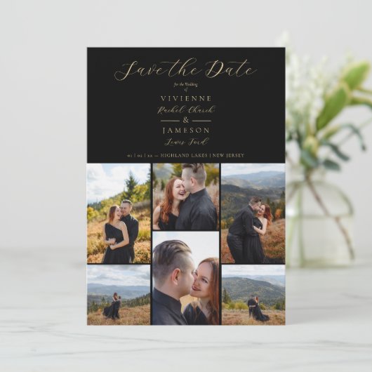 Black Romantic Fancy Chic Collage 6 Pho Save The Date (Stehend Vorderseite)