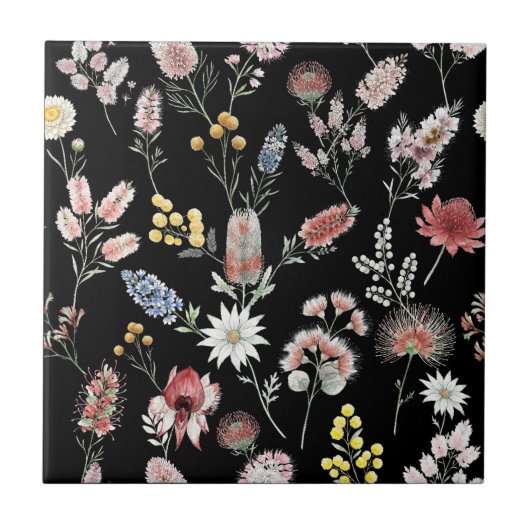 Black Romantic Moody Watercolor Wildflowers Fliese (Vorderseite)