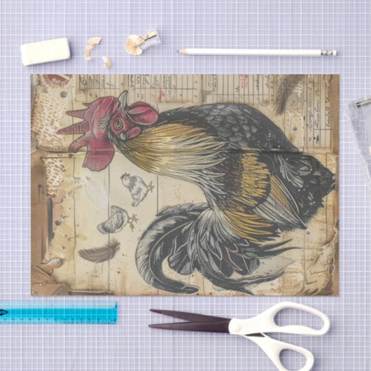 Black Rooster and Chicks Decoupage Seidenpapier (Handwerk)