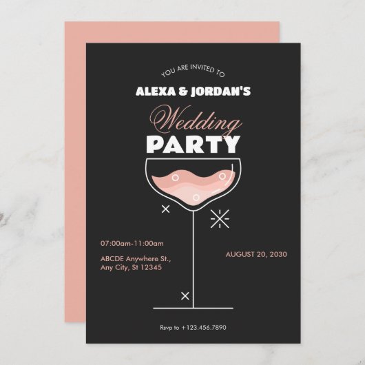 Black Rosa Cocktail Glas Hochzeitsfeier Einladung (Vorne/Hinten)