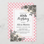 Black Rose Baby Pink & White Checkered Geburtstag Einladung (Vorne/Hinten)