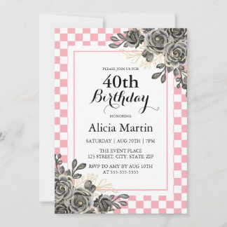 Black Rose Baby Pink & White Checkered Geburtstag Einladung
