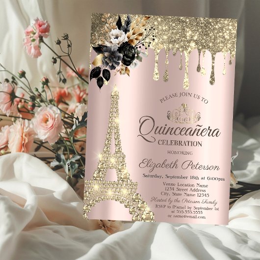 Black Rose Eiffelturm Gold Tropfen Einladung