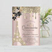 Black Rose Eiffelturm Gold Tropfen Einladung (Stehend Vorderseite)