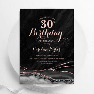 Black Rose Gold Agate 30. Geburtstag Einladung