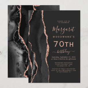 Black Rose Gold Agate Dark 70. Geburtstagsparty Einladung