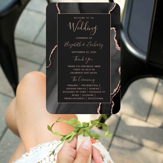 Black Rose Gold Agate Dark Wedding Program Fächer