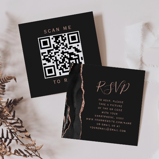 Black Rose Gold Agate Dark Wedding QR Code UAWG Begleitkarte