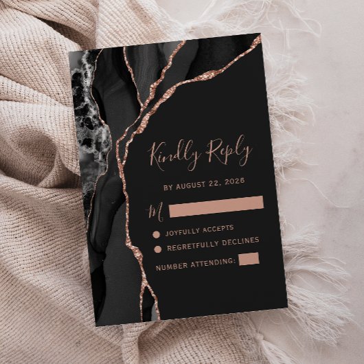 Black Rose Gold Agate Dark Wedding RSVP