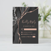 Black Rose Gold Agate Dark Wedding RSVP Karte (Stehend Vorderseite)