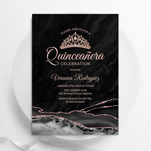 Black Rose Gold Agate Quinceanera Einladung