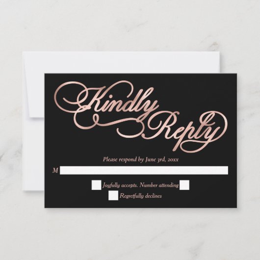 Black & Rose Gold Calligraphy Formal Wedding RSVP Karte (Vorderseite)