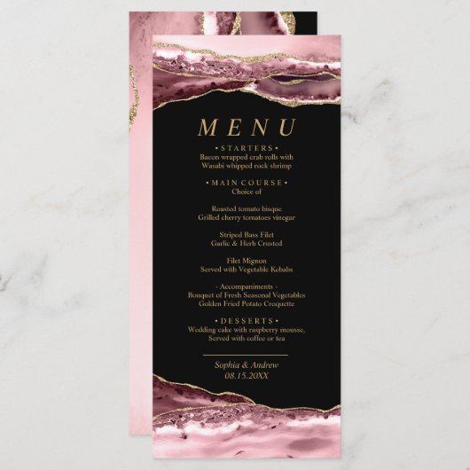 Black & Rose Gold Calligraphy Wedding Menu Menükarte (Vorne/Hinten)
