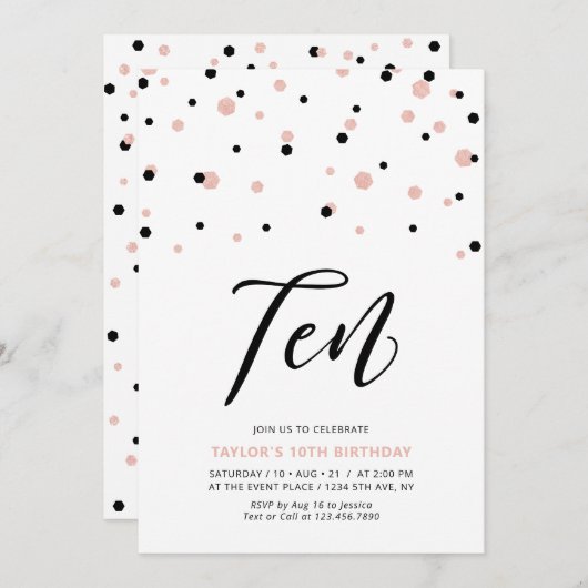 Black & Rose Gold Einfache 10. Teen Birthday Party Einladung (Vorne/Hinten)