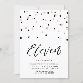 Black & Rose Gold Einfache 11. Teen Geburtstagspar Einladung