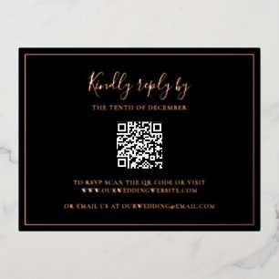 Black Rose Gold Foil QR Code Wedding RSVP Card Folie Einladungspostkarte