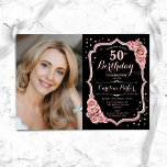 Black Rose Gold Foto 50. Geburtstag Einladung<br><div class="desc">Elegante Blumenladen zum 50. Geburtstag mit Ihrem Foto. Glam schwarz rosa Design mit Imitaten Glitzer Rose Gold. Ermöglicht Rosen in Rosa,  Skript-Schriftart und Konfetti. Ideal für ein stilvolles Party für Erwachsene. Personalisieren Sie Ihre persönlichen Daten. Kann für jedes Alter angepasst werden! Gedruckte Zazzle Einladungen oder Sofortdownload digitalen druckbaren Vorlage.</div>