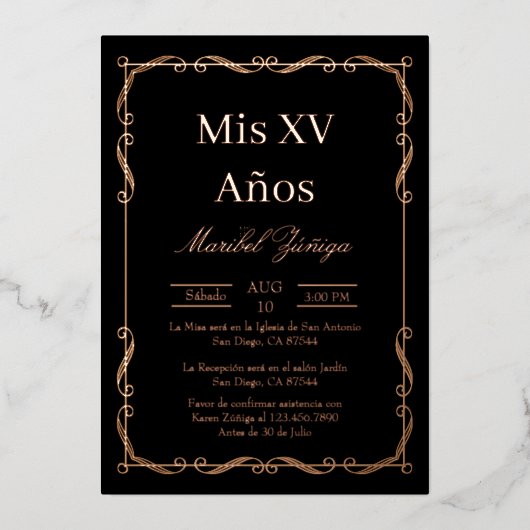 Black Rose Gold Frame Quinceanera Einladung (Vorderseite)