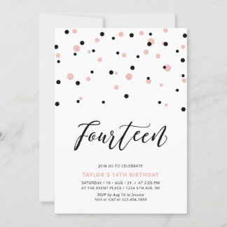 Black & Rose Gold Girl 14. Teen Birthday Party Einladung