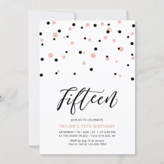 Black & Rose Gold Girl 15. Teen Birthday Party Einladung