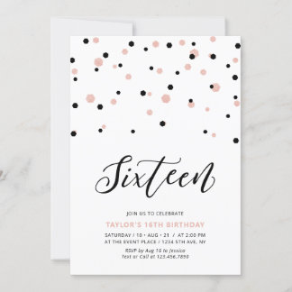 Black & Rose Gold Girl 16. Teen Birthday Party Einladung