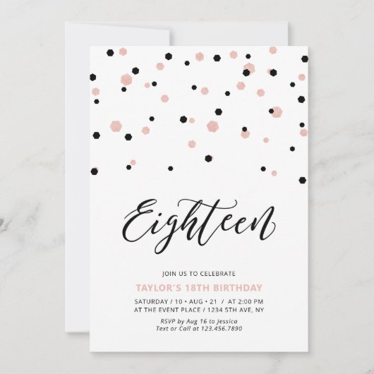 Black & Rose Gold Girl 18. Teen Birthday Party Einladung (Vorderseite)