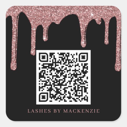 Black Rose Gold Glitter Drips QR Code Business Quadratischer Aufkleber (Vorderseite)