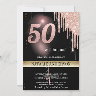 Black Rose Gold Glitzer Ballon 50. Geburtstag Einladung