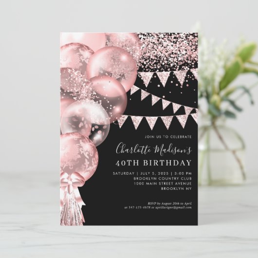 Black Rose Gold Glitzer Ballon jedes Alter Geburts Einladung (Stehend Vorderseite)