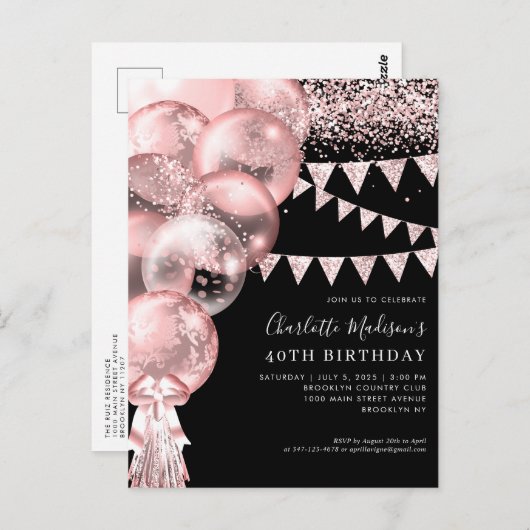 Black Rose Gold Glitzer Ballon jedes Alter Geburts Postkarte (Vorne/Hinten)