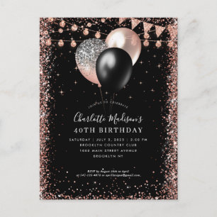 Black Rose Gold Glitzer Ballon jedes Alter Geburts Postkarte