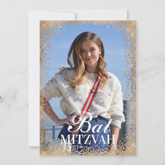 Black Rose Gold Glitzer Confetti Foto Bat Mitzvah Einladung (Vorderseite)