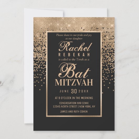 Black Rose Gold Glitzer Confetti Foto Bat Mitzvah Einladung (Rückseite)